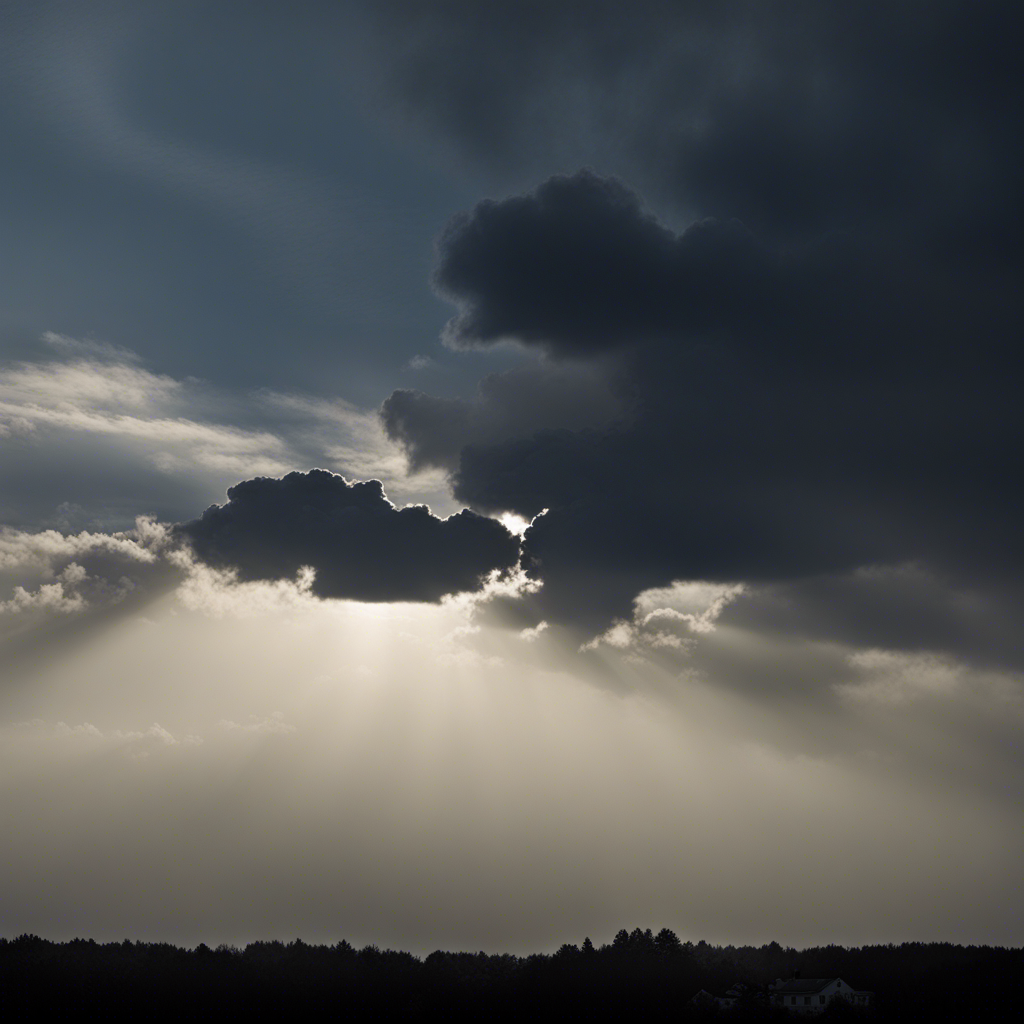 Sonnenstrahlen brechen durch dunkle Wolken.